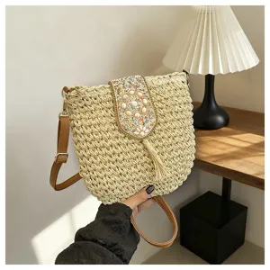 Bolso cruzado de paja tejida para mujer, elegante bolso de hombro para playa con borla.