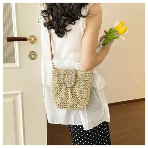 Bolso cruzado de paja tejida para mujer, elegante bolso de playa con solapa de perlas para verano.