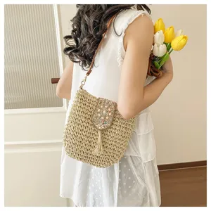 Mujer bolso de hombro de paja elegante verano playa bolso cruzado con borla y concha