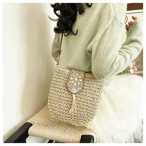 Detalles del bolso cruzado de paja para mujer, elegante bolso de playa con abalorios.
