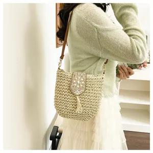 Mujer bolso de hombro de paja vacaciones playa elegante bolso con detalle de solapa de perlas