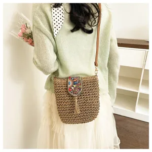 Bolso cruzado de paja para mujer, bolso de playa tejido a mano con abalorios coloridos y borla.