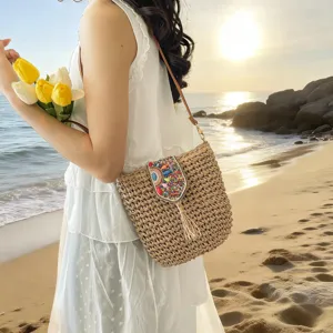 Bolso bandolera de paja tejida para mujer playa de verano vacaciones bolso con cuentas de colores.