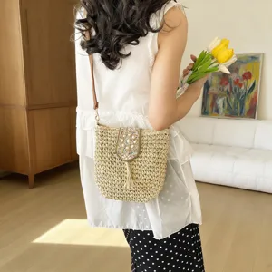 Bolso Bandolera de Paja Tejida para Mujer Bolso de Playa de Verano con Solapa