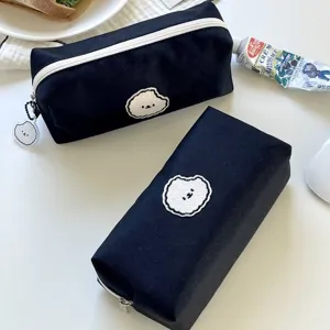 Black Canvas Pencil Case Large Capacity Cute Puppy Embroidery Pen Bag Student Stationery Storage Pouch Cosmetic Bag