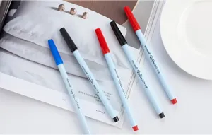 Detailed view of colorful Monami 351 water-based pens on a flat lay magazine background setup.