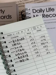 Close-up detail of A6 slim ring notebook inner pages with grid table layout and notes.