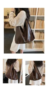Large capacity dark brown women shoulder tote bag, trendy Korean style casual commuter hobo bag.