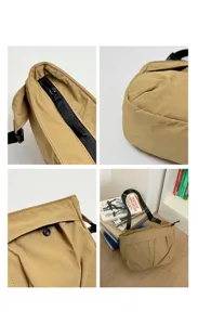 Detail view of the casual canvas shoulder bag, highlighting quality zippers and durable straps.