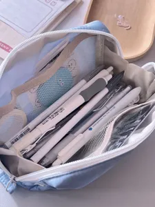Detailed view of aesthetic solid color canvas pencil case, large capacity stationery storage bag.