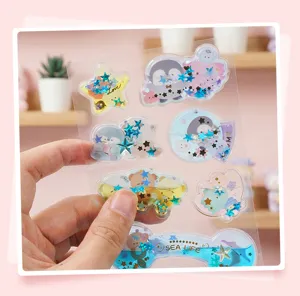 3D liquid glitter cute animal stickers detail, sparkly star craft decal sheet for children
