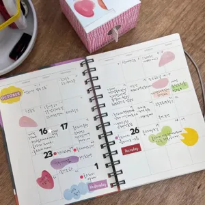 Primo piano di simpatici foglietti adesivi e blocchetti colorati su una pagina di agenda.