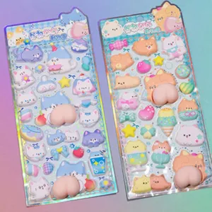 Close-up detail of cute 3d relief cartoon cat stickers, colorful puffy sticker sheets for fun DIY.