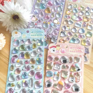 Close-up detail of cute 3D crystal embossed ghost sticker sheets, vibrant colors stationery decor.