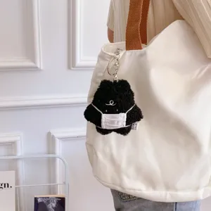 Cute black plush bear bag charm keychain with white mask for women girls backpack pendant accessory