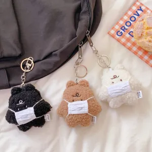 Cute plush bear keychain bag pendant with tiny mask, ins style sweet cartoon couple toy.