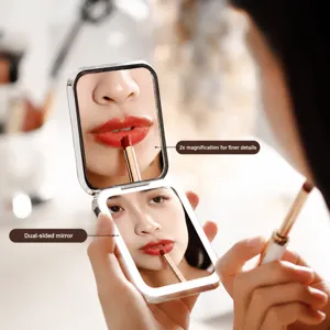Portable Foldable LED Makeup Mirror Double Sided Lighted Compact Pocket Mirror USB Rechargeable Travel Vanity Mirror Silver