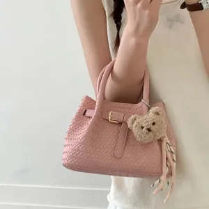 Womens Woven Bucket Bag Stylish Microfiber Tote Handbag Casual Crossbody Bag with Cute Bear Pendant Daily Purse