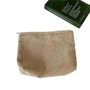 Beige corduroy makeup bag, portable large capacity storage pouch for cosmetics and daily items.