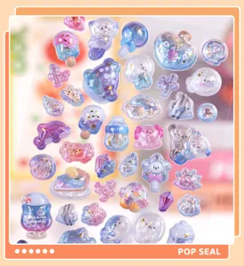 3D relief crystal puffy stickers sheet, cute cartoon animals and snack designs, sparkly.