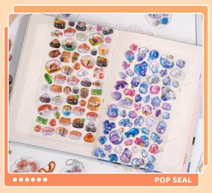 3D embossed crystal stickers featuring cute sushi cats and ocean creatures for diary decor.