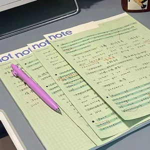 Detailed close up of retro green grid B5 notepad featuring handwritten notes and minimalist design.