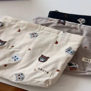 Japanese style cute cat embroidery canvas pouch portable makeup organizer pencil bag.