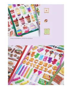 Cute 3D foam stickers detail, food, bubble tea and alphabet designs for journaling DIY.