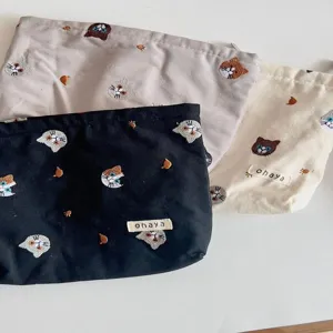 Cute Japanese style canvas cat embroidery cosmetic pouch portable makeup storage bag organizer