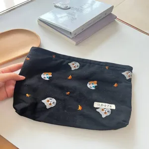Japanese style cute cat embroidery black cosmetic bag portable storage bag pencil case cute