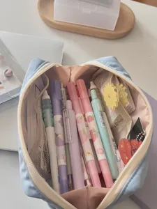 Cute pastel blue pencil case large capacity aesthetic stationery pouch for school desk organization