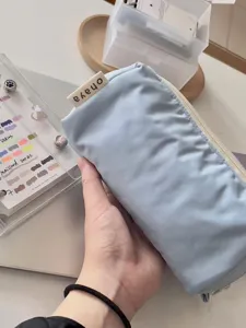 Minimalist milky blue pencil case cute stationery pouch cosmetic makeup storage bag detail view