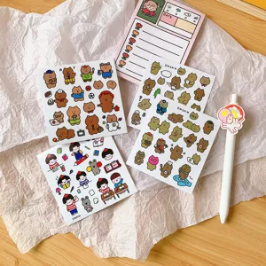 Cute cartoon bear stickers pack for student journal decoration, aesthetic stationery craft detail.