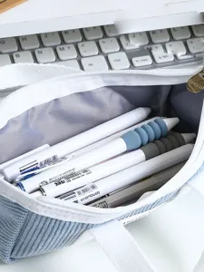 Corduroy pencil pouch with handle, large capacity cute stationery case for students and school