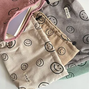 Cute corduroy smiley face cosmetic bag large capacity makeup pouch travel organizer purse
