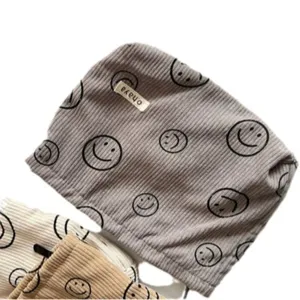 Large corduroy makeup bag with cute smiley face print, retro zipper storage pouch for daily use.