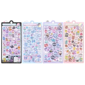 Detail view of colorful 3D crystal puffy stickers, cute cartoon DIY journal decoration sheets.