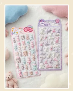Cute 3D flocked animal stickers detail view, featuring pink rabbits and purple cats for journaling.