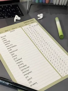 Gedetailleerde close-up van matcha groen B5 afscheurbaar notitieblok voor woordenschat.