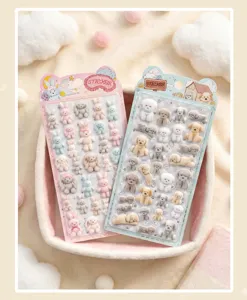 Cute 3D flocked stickers, cartoon animal relief sticker set for journaling and phone case decoration.