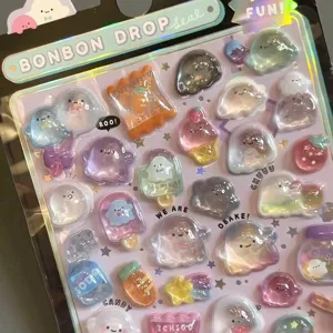 Cute 3D relief crystal stickers, cartoon puffy planner stickers for DIY phone case decor.