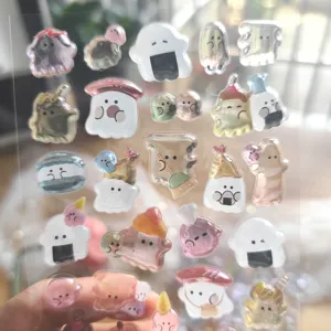 Detailed view of 3D crystal relief cartoon ghost stickers sheet, cute DIY decorative decals.
