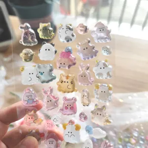 Cute 3D relief crystal stickers, cartoon ghost animal transparent stickers for phone deco.