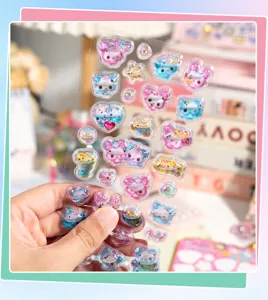 Detailed close-up of 3D liquid glitter sticker sheet, dynamic design for kids.