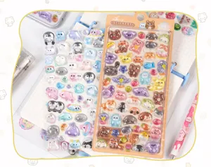 3D puffy crystal stickers featuring cute cartoon animals and food designs for diary craft.