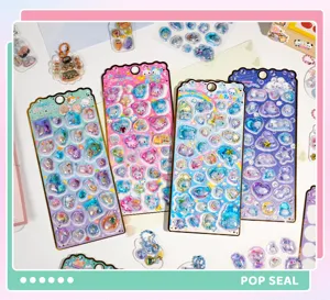 Detailed view of 3d floating oil sparkly cartoon stickers, colorful decorative sticker sheets.