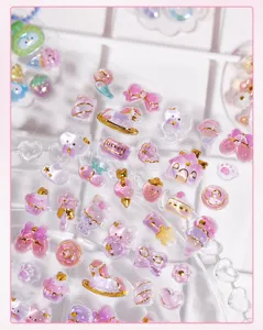 Detailed view of cute 3D relief stickers sheet for DIY phone case craft and decoration.