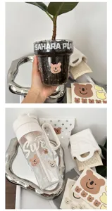 Cute cartoon bear stickers aesthetic water bottle plant pot decor cute transparent sticker set