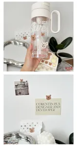 Cute ins style transparent plastic water bottle with bear stickers and aesthetic collage props for daily drink.