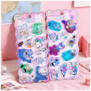 Children 3D liquid quicksand glitter stickers cute cartoon shaking water patch diy toy